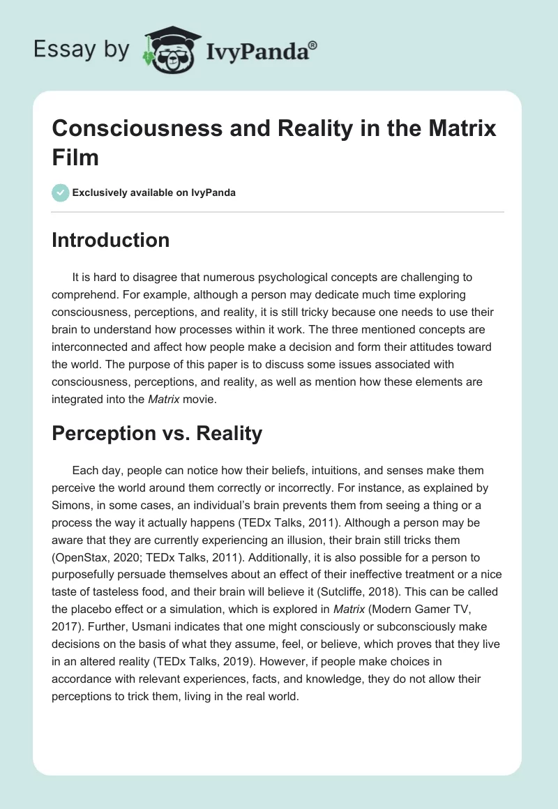 Consciousness and Reality in the "Matrix" Film. Page 1