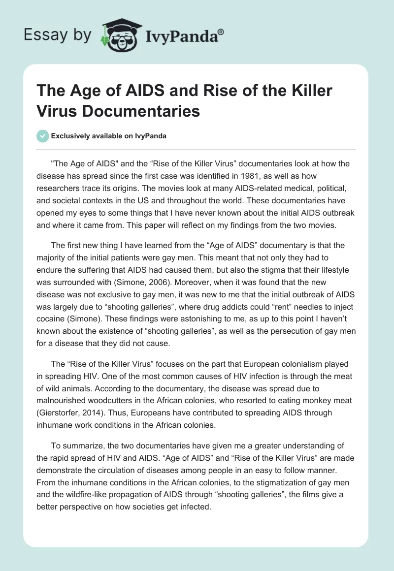 The Age of AIDS and Rise of the Killer Virus Documentaries. Page 1
