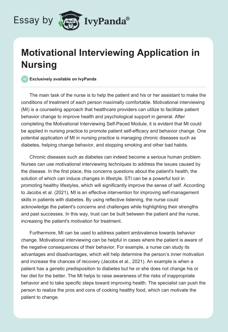 Motivational Interviewing Application in Nursing. Page 1
