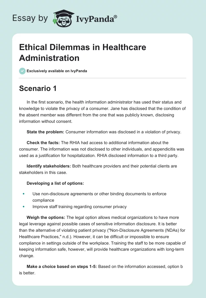 Ethical Dilemmas in Healthcare Administration. Page 1