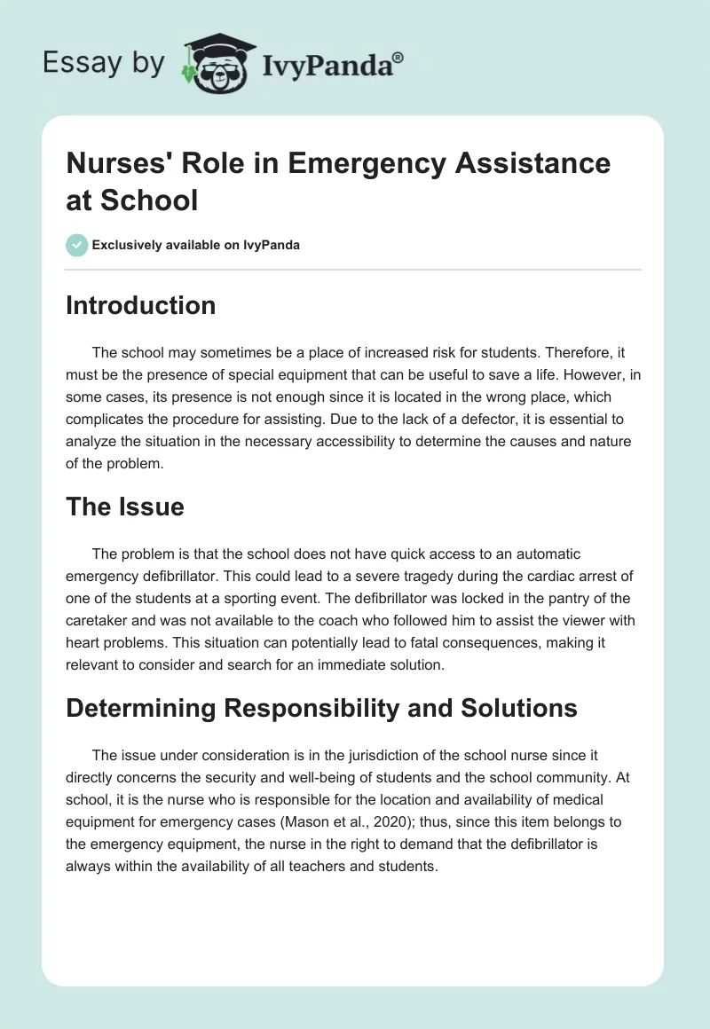 Nurses' Role in Emergency Assistance at School. Page 1