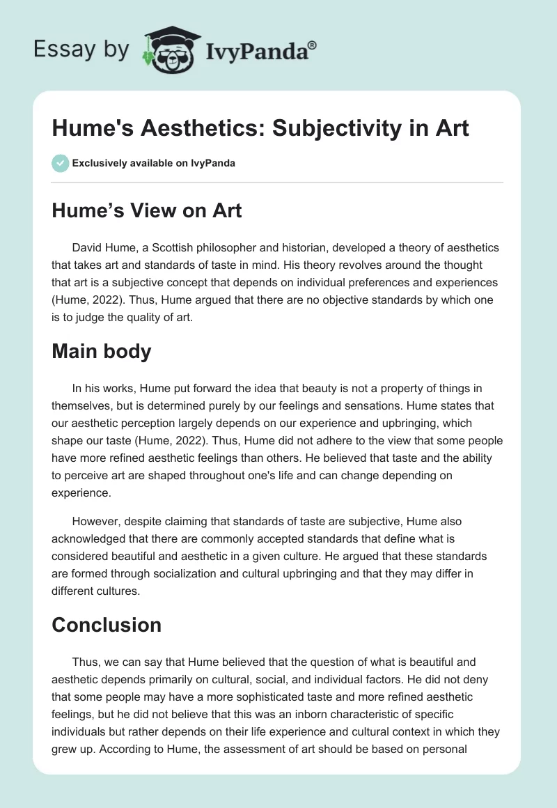 Hume's Aesthetics: Subjectivity in Art. Page 1