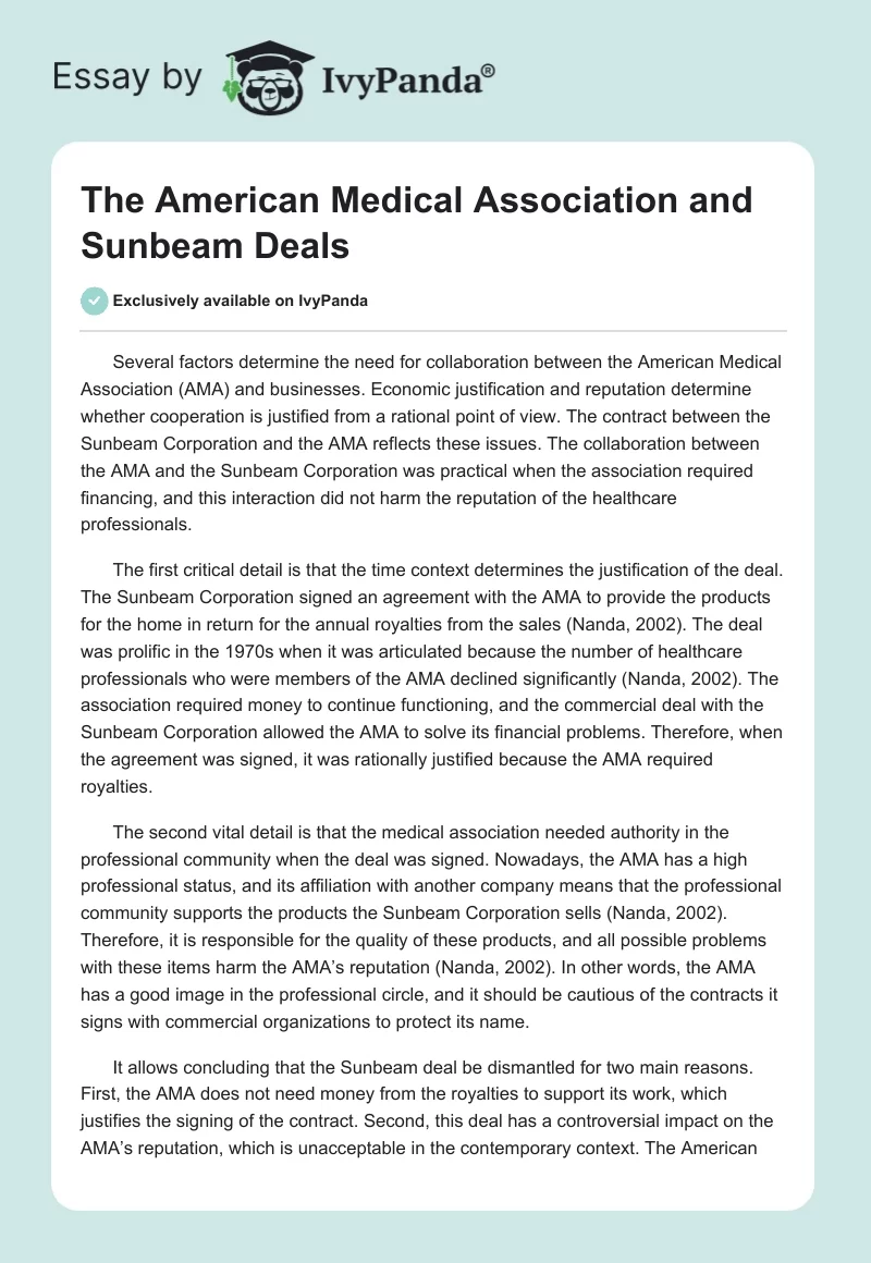 The American Medical Association and Sunbeam Deals. Page 1