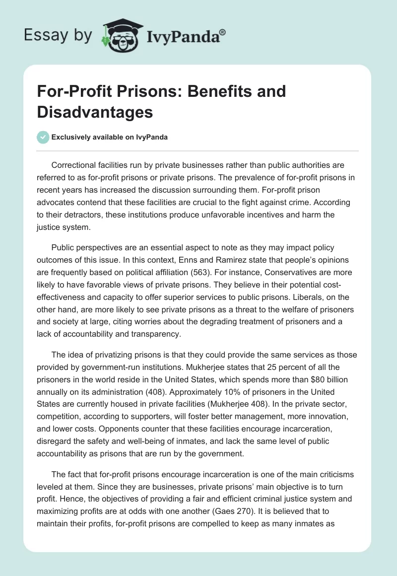 For-Profit Prisons: Benefits and Disadvantages. Page 1