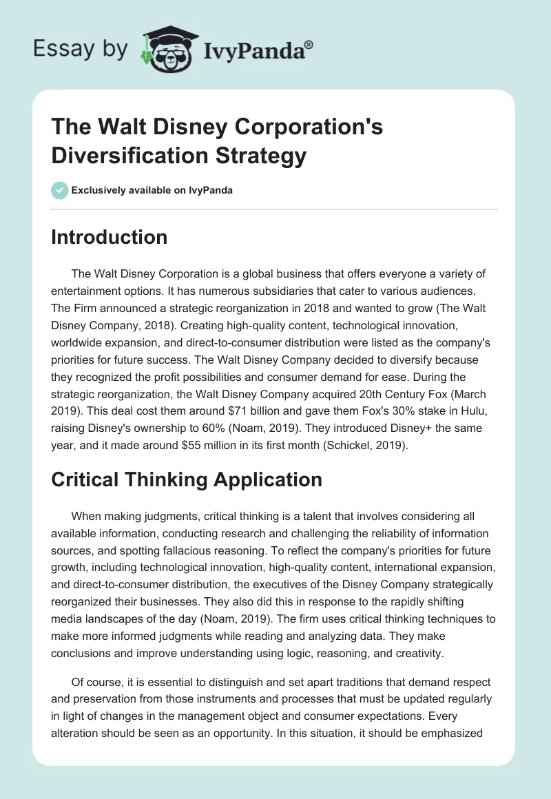 The Walt Disney Corporation's Diversification Strategy. Page 1