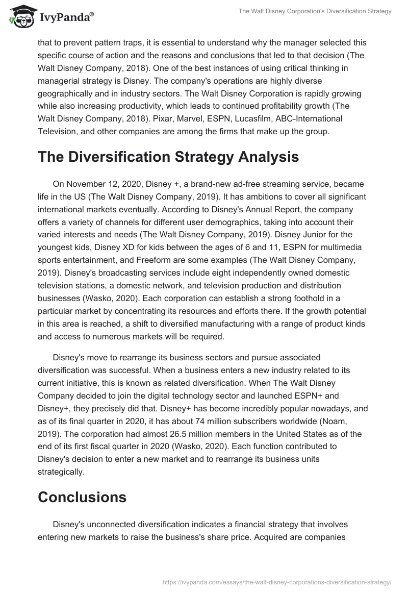 The Walt Disney Corporation's Diversification Strategy. Page 2