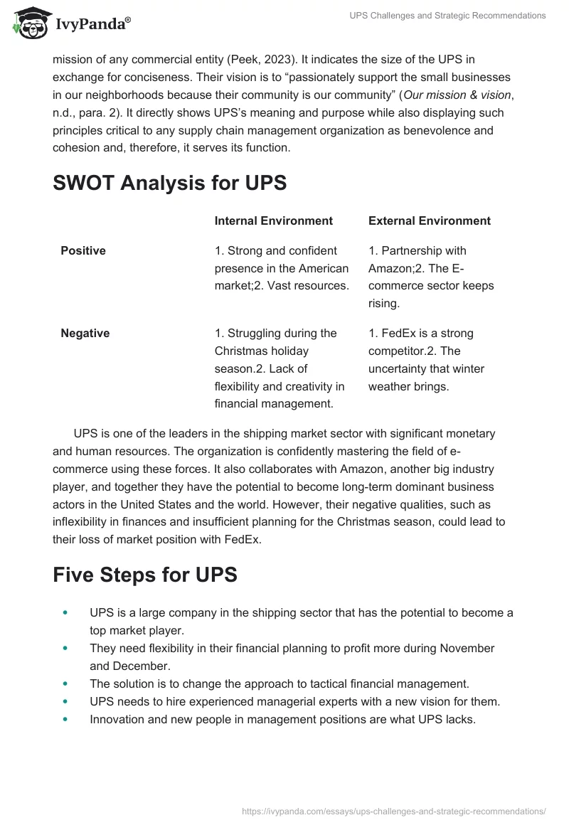 UPS Challenges and Strategic Recommendations. Page 2