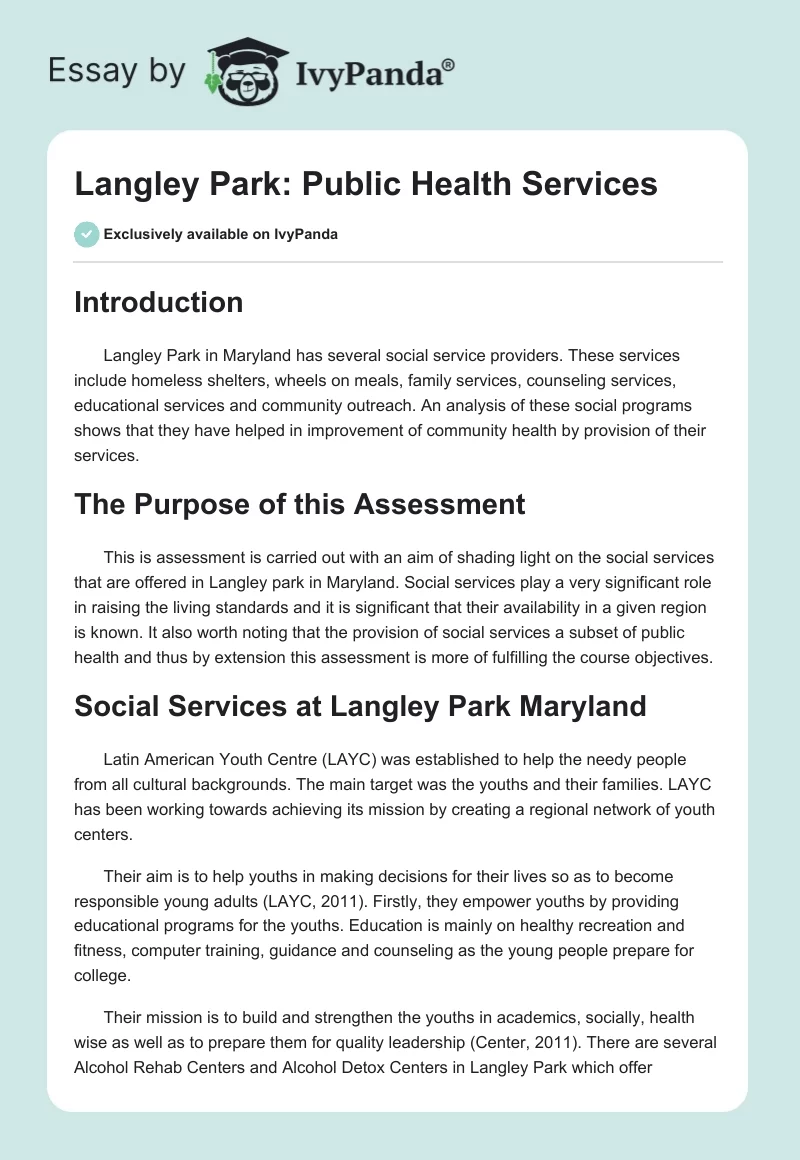 Langley Park: Public Health Services. Page 1