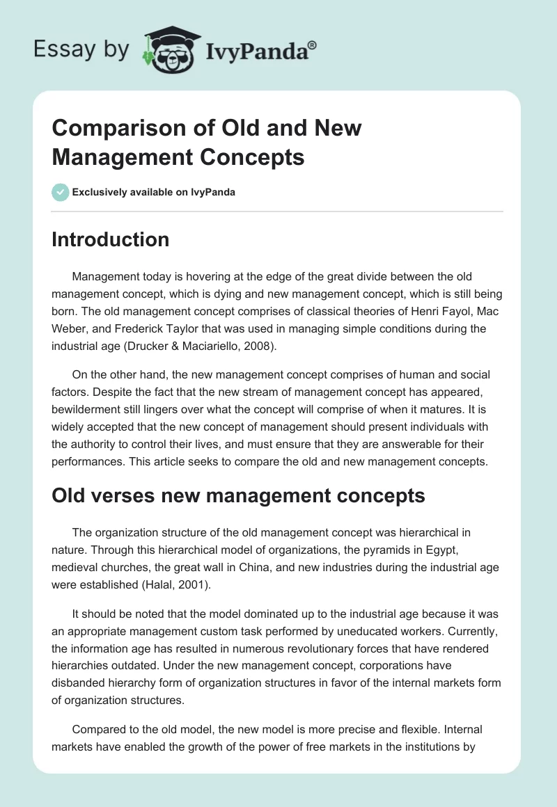 Comparison of Old and New Management Concepts. Page 1