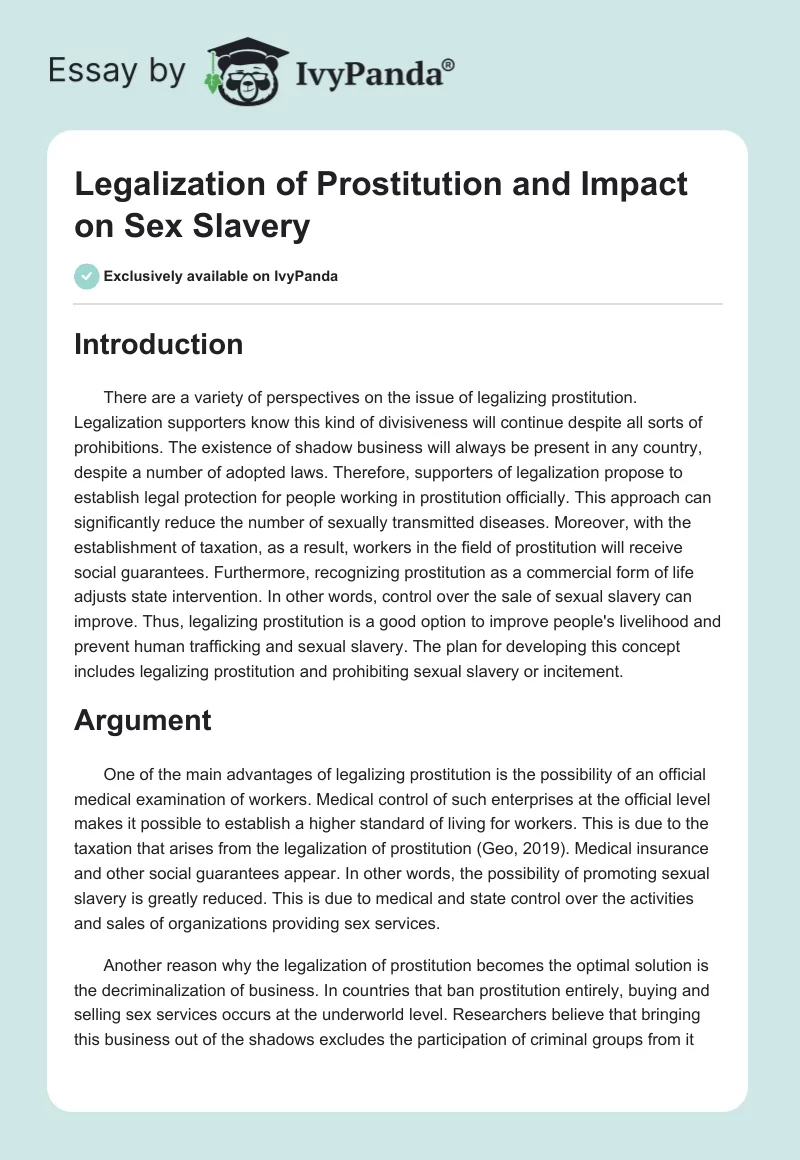 Legalization of Prostitution and Impact on Sex Slavery. Page 1