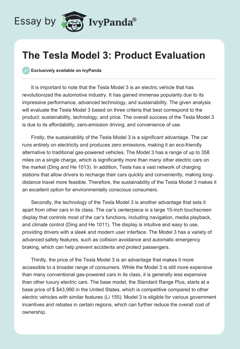 The Tesla Model 3: Product Evaluation. Page 1