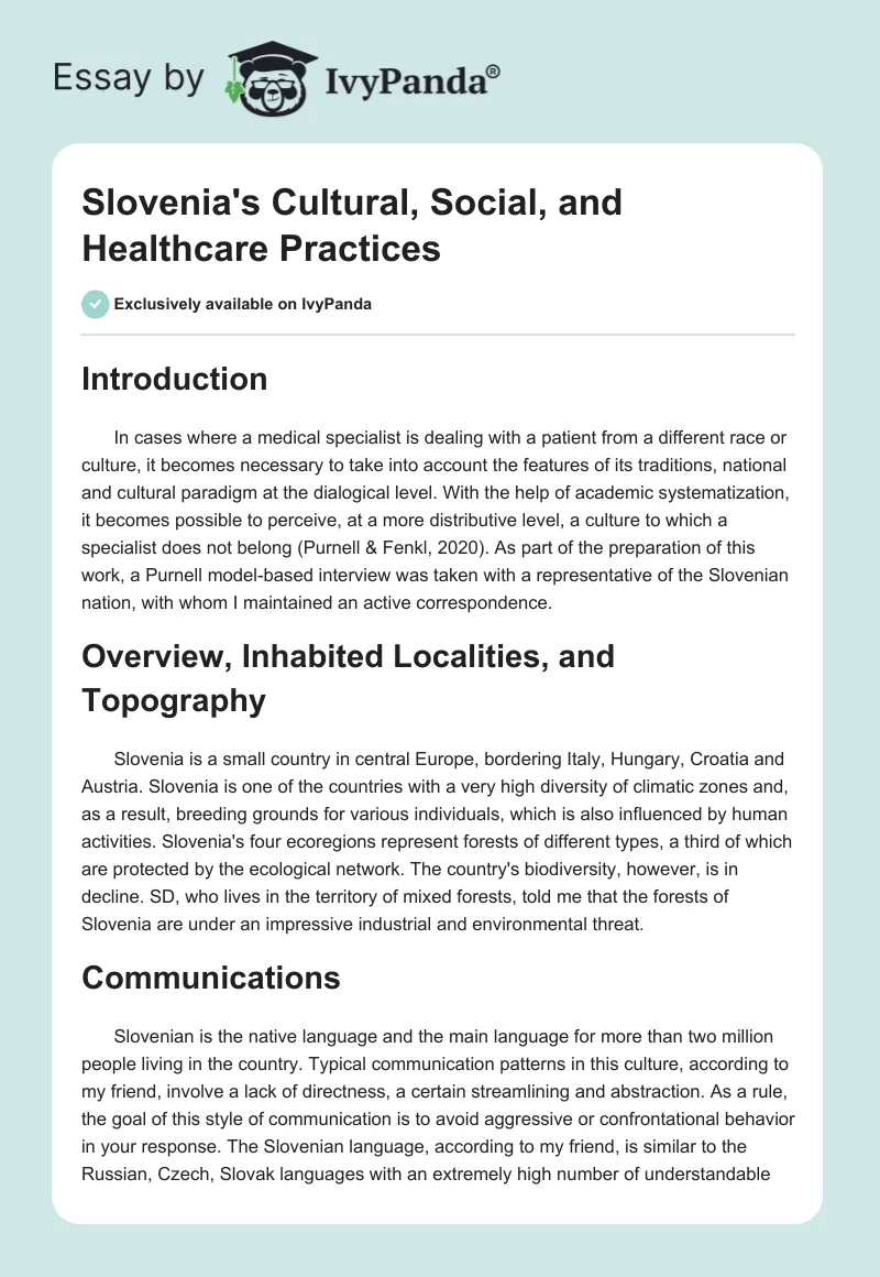 Slovenia's Cultural, Social, and Healthcare Practices. Page 1