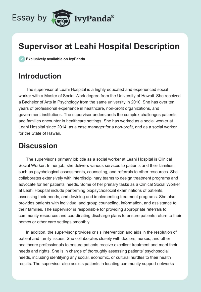 Supervisor at Leahi Hospital Description. Page 1