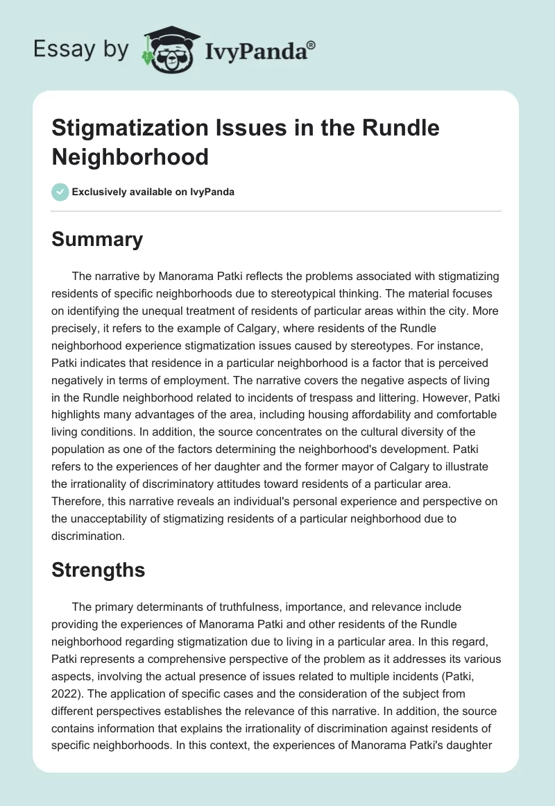 Stigmatization Issues in the Rundle Neighborhood. Page 1