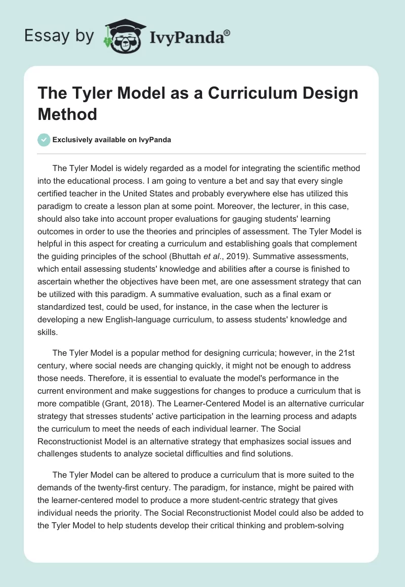 The Tyler Model as a Curriculum Design Method. Page 1