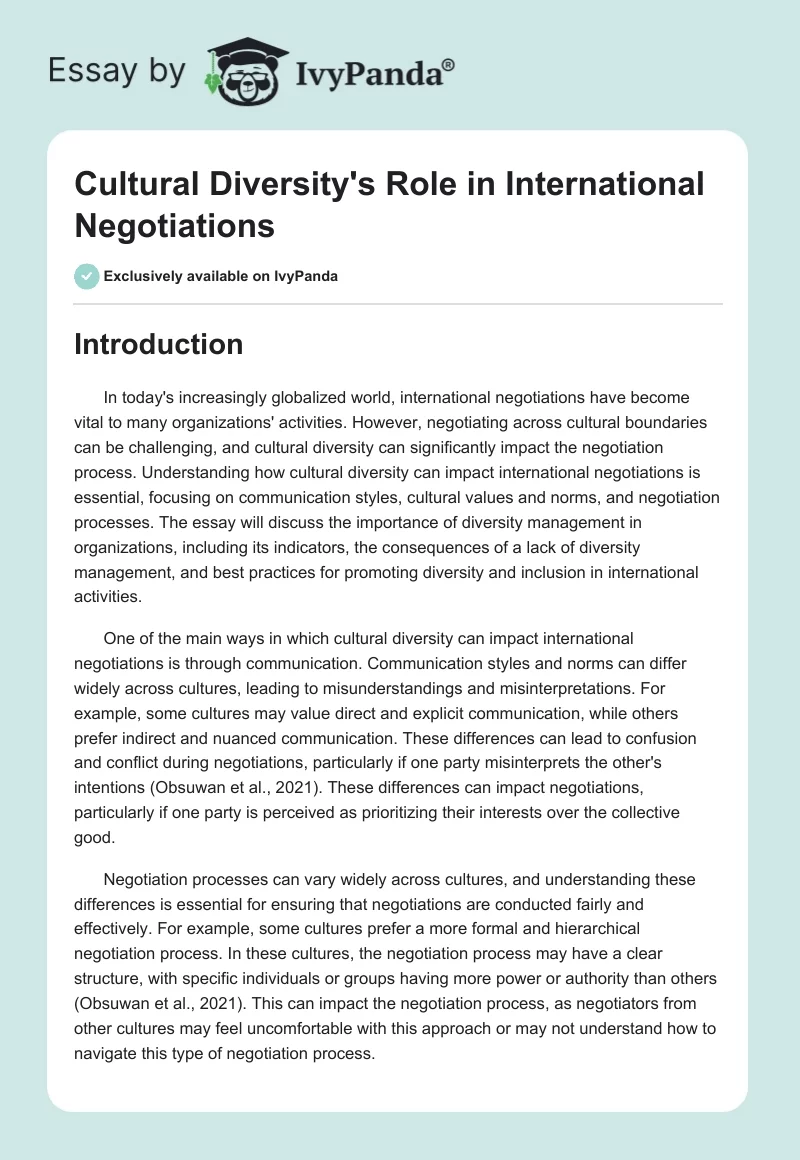 Cultural Diversity's Role in International Negotiations. Page 1