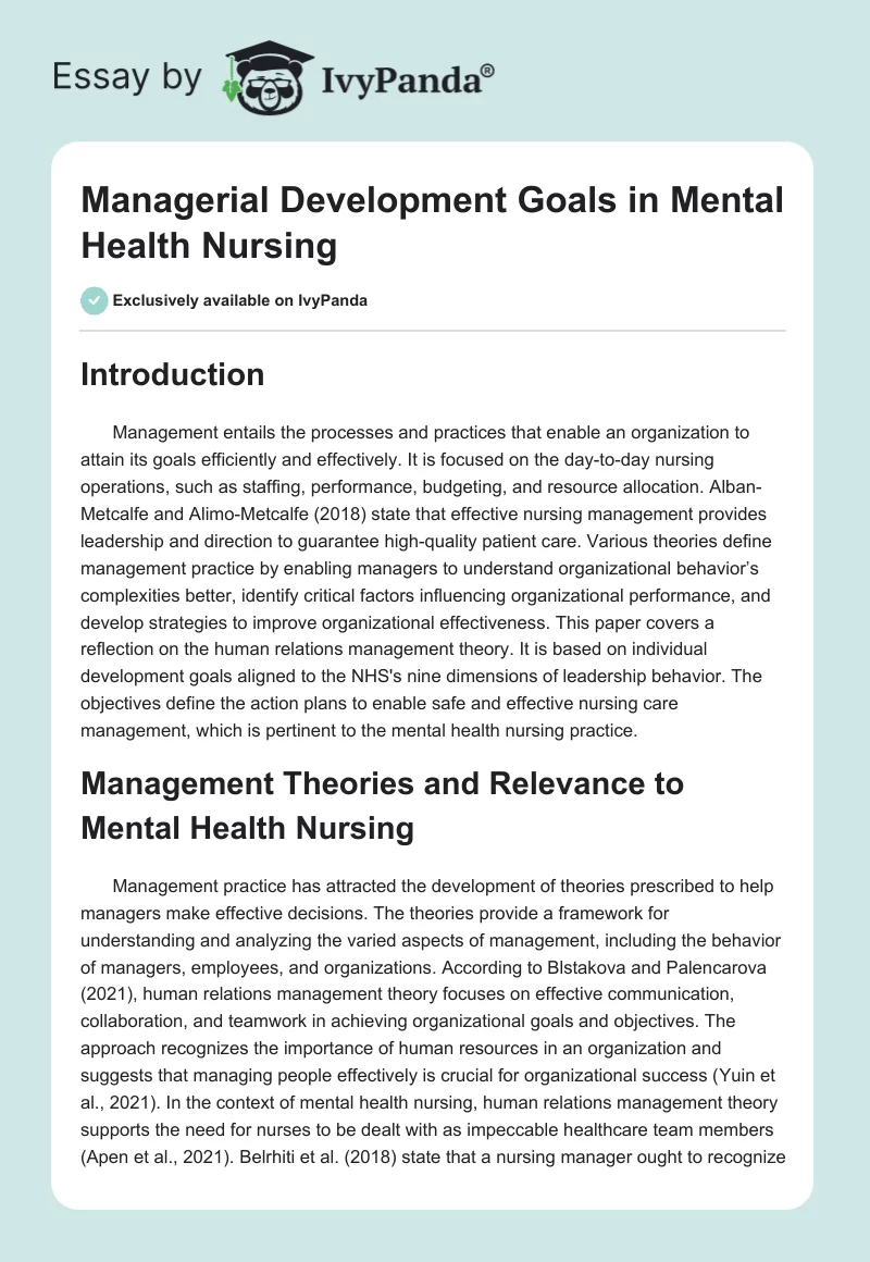 Managerial Development Goals in Mental Health Nursing. Page 1
