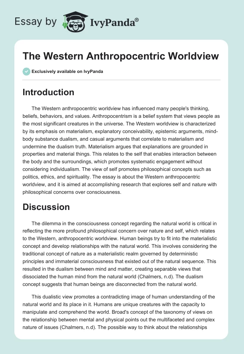 The Western Anthropocentric Worldview. Page 1