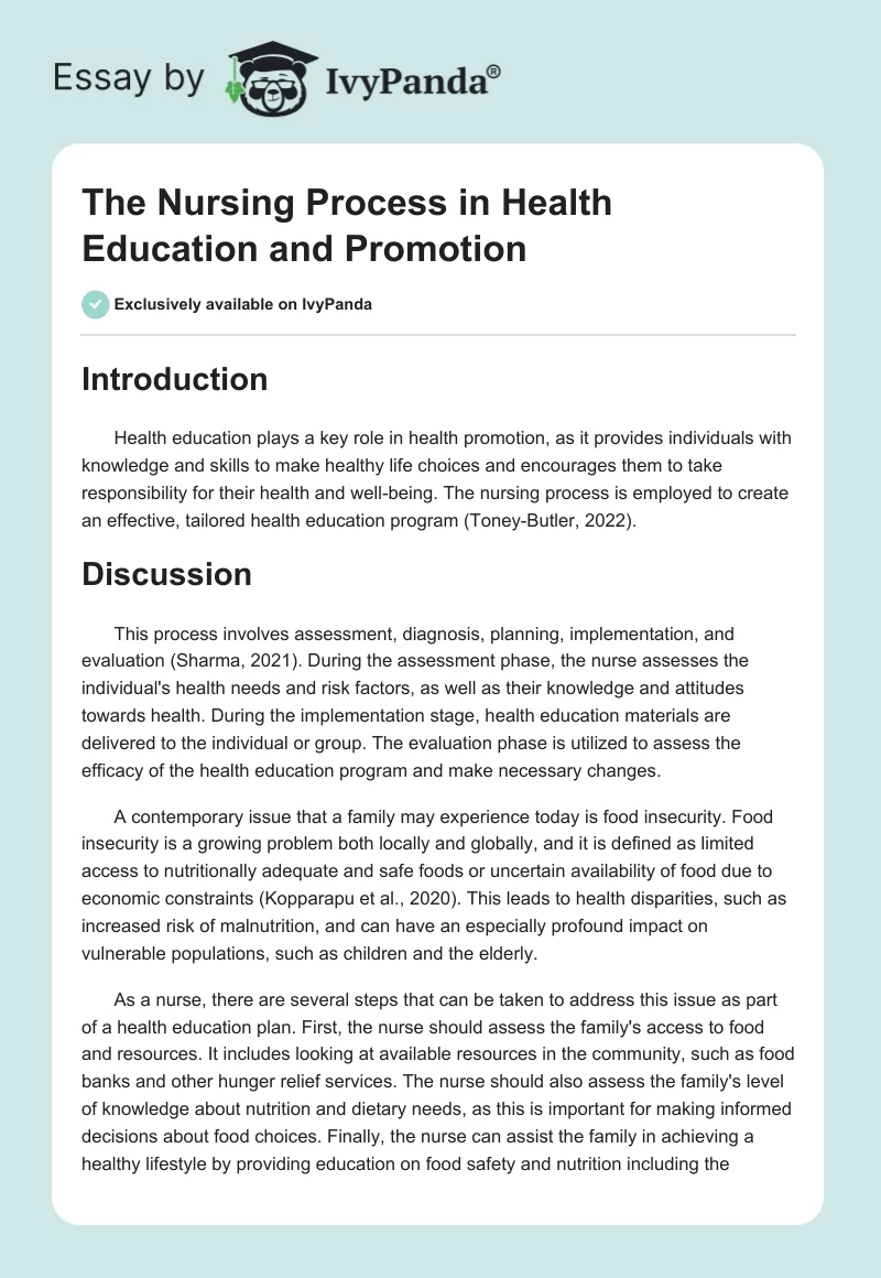 The Nursing Process in Health Education and Promotion. Page 1