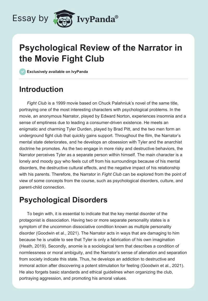 Psychological Review of the Narrator in the Movie Fight Club. Page 1