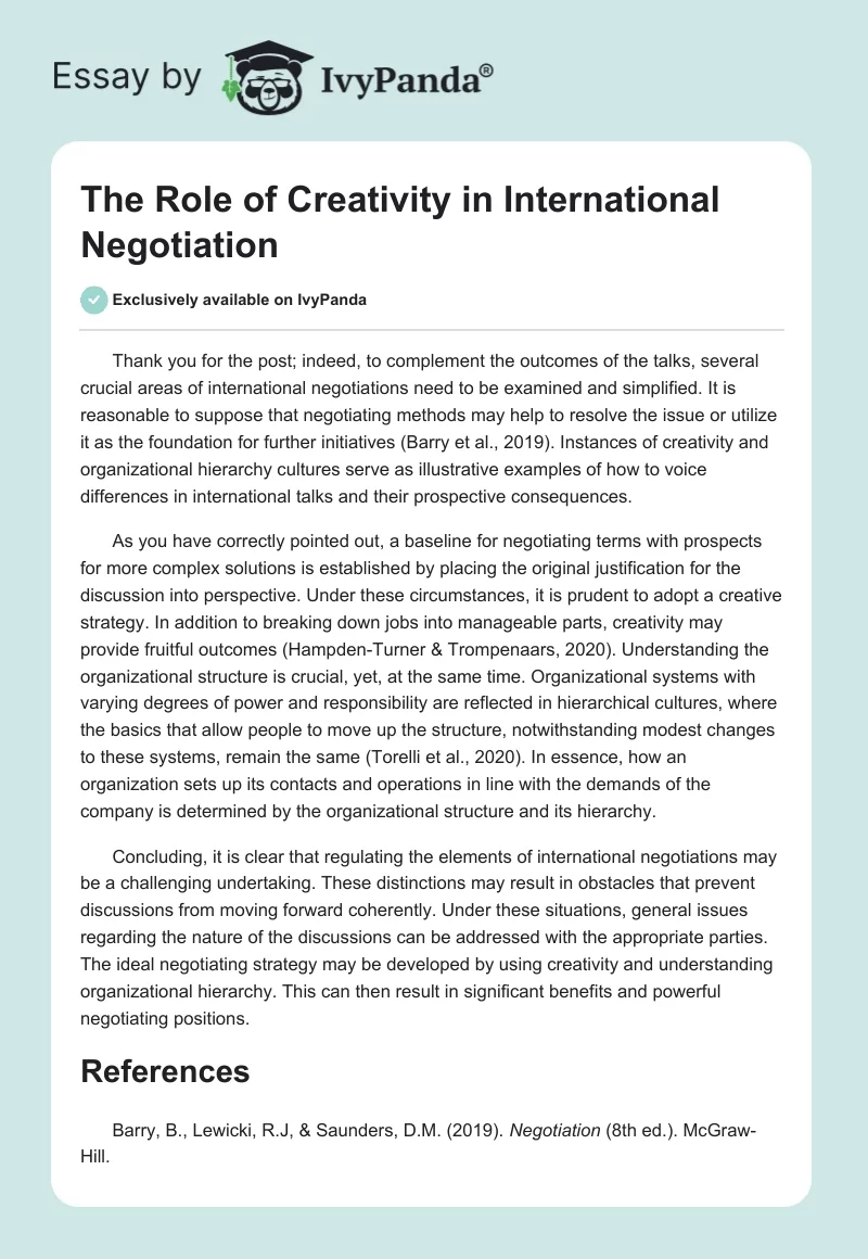 The Role of Creativity in International Negotiation. Page 1