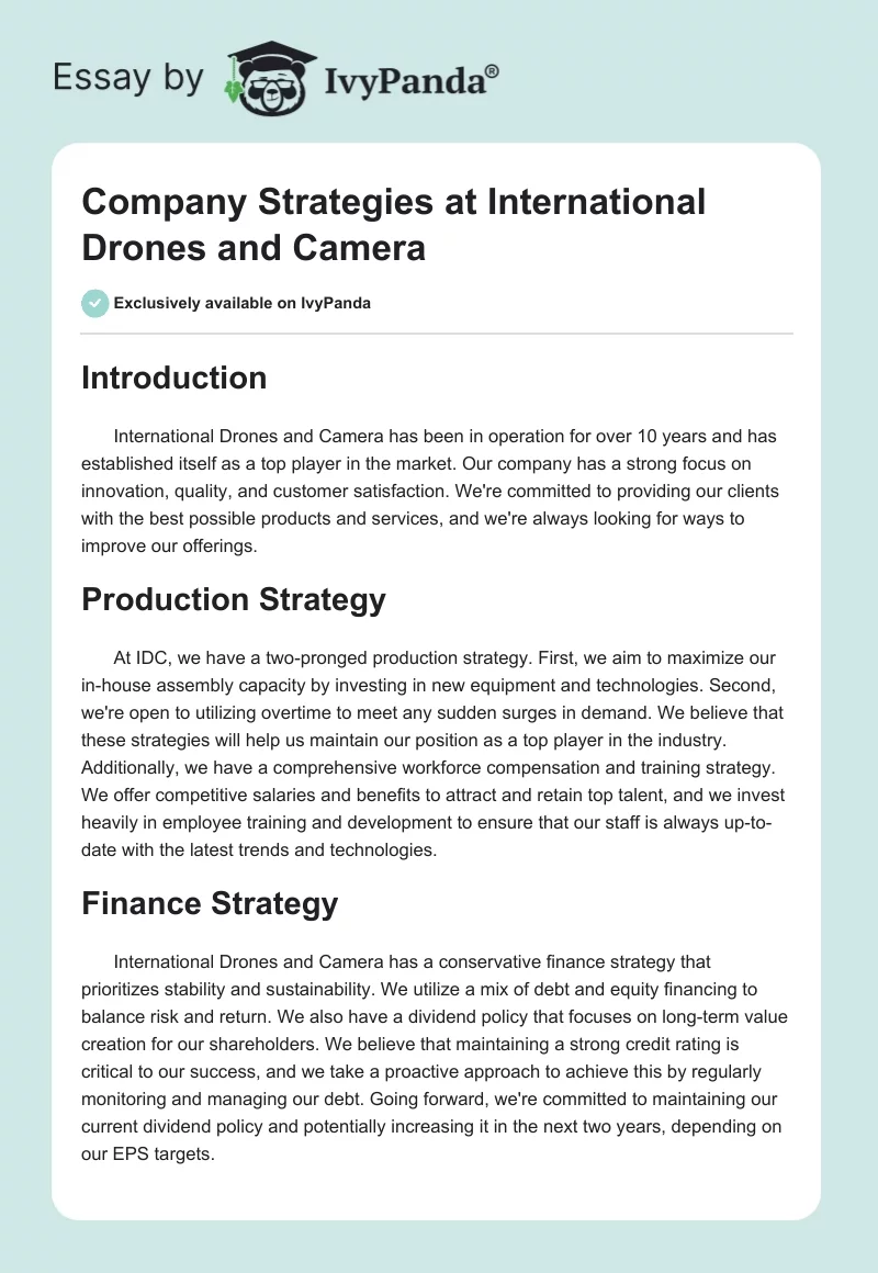 Company Strategies at International Drones and Camera. Page 1