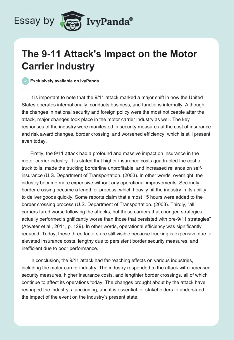 The 9-11 Attack's Impact on the Motor Carrier Industry. Page 1