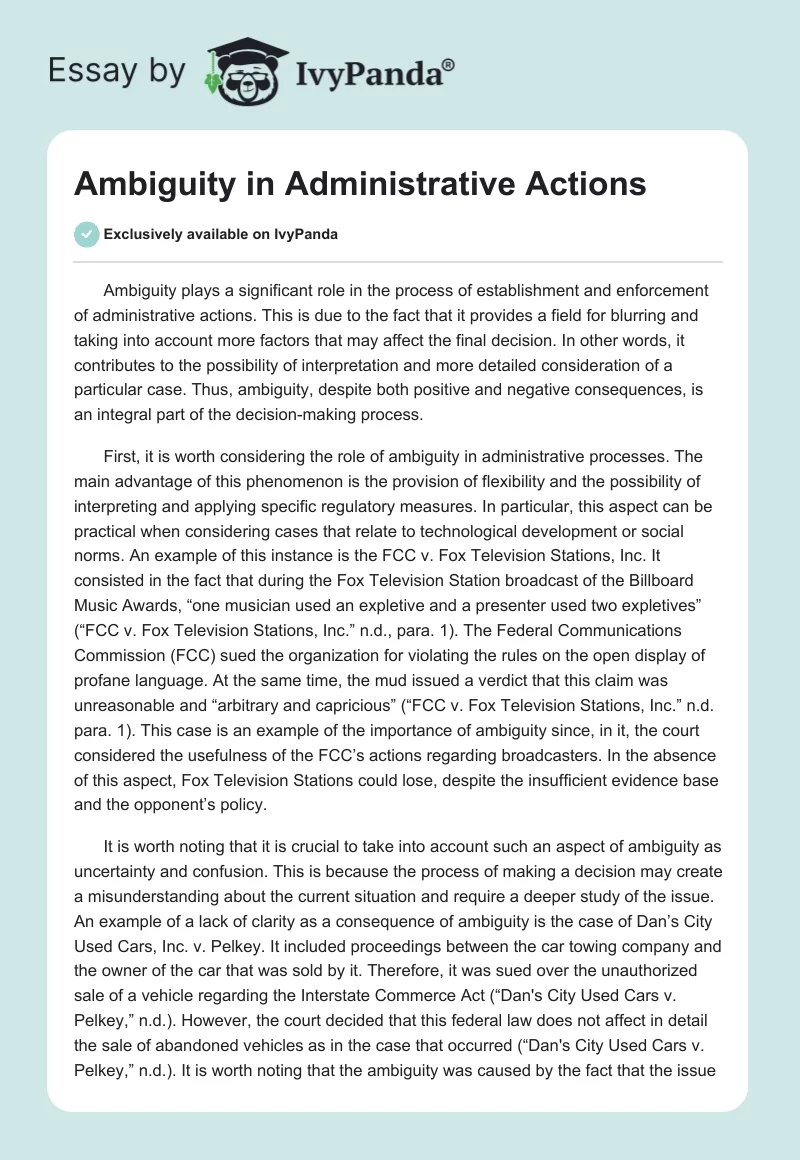 Ambiguity in Administrative Actions. Page 1