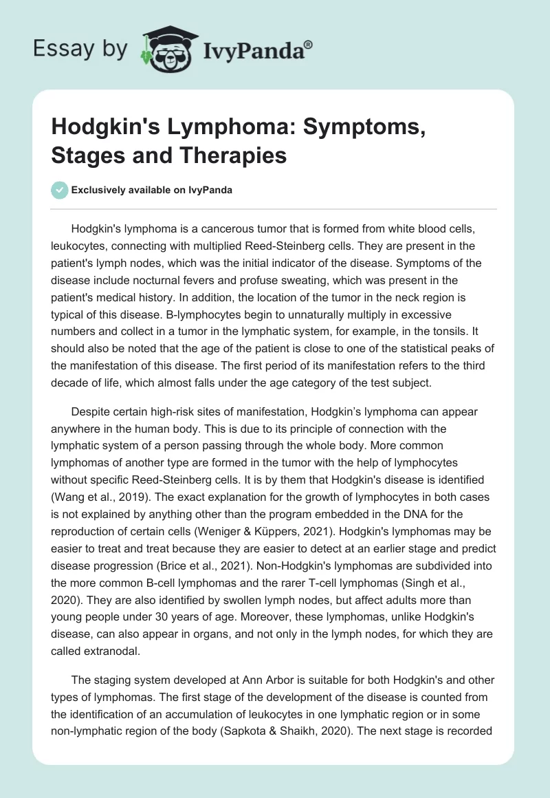 Hodgkin's Lymphoma: Symptoms, Stages and Therapies. Page 1