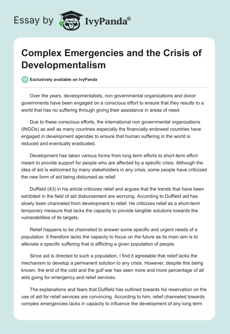 Complex Emergencies and the Crisis of Developmentalism. Page 1