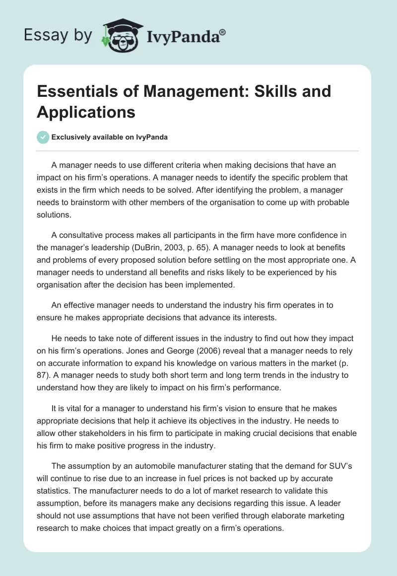 Essentials of Management: Skills and Applications. Page 1