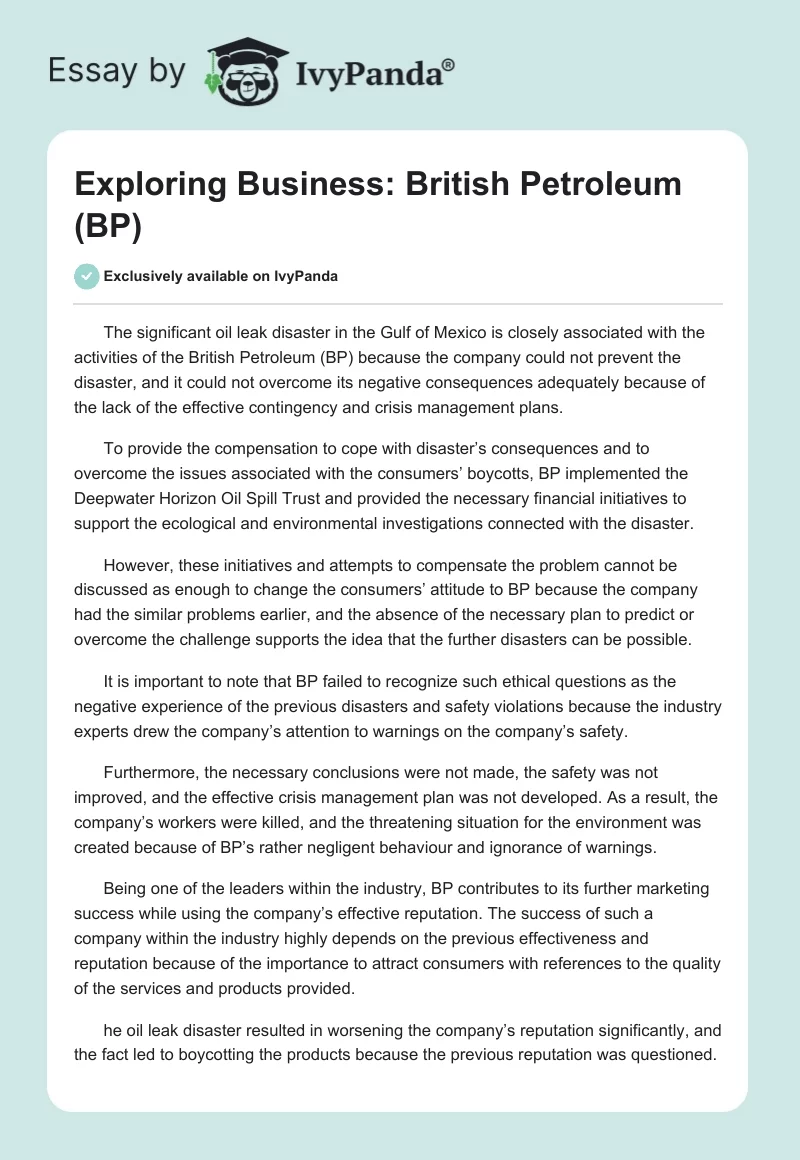 Exploring Business: British Petroleum (BP). Page 1