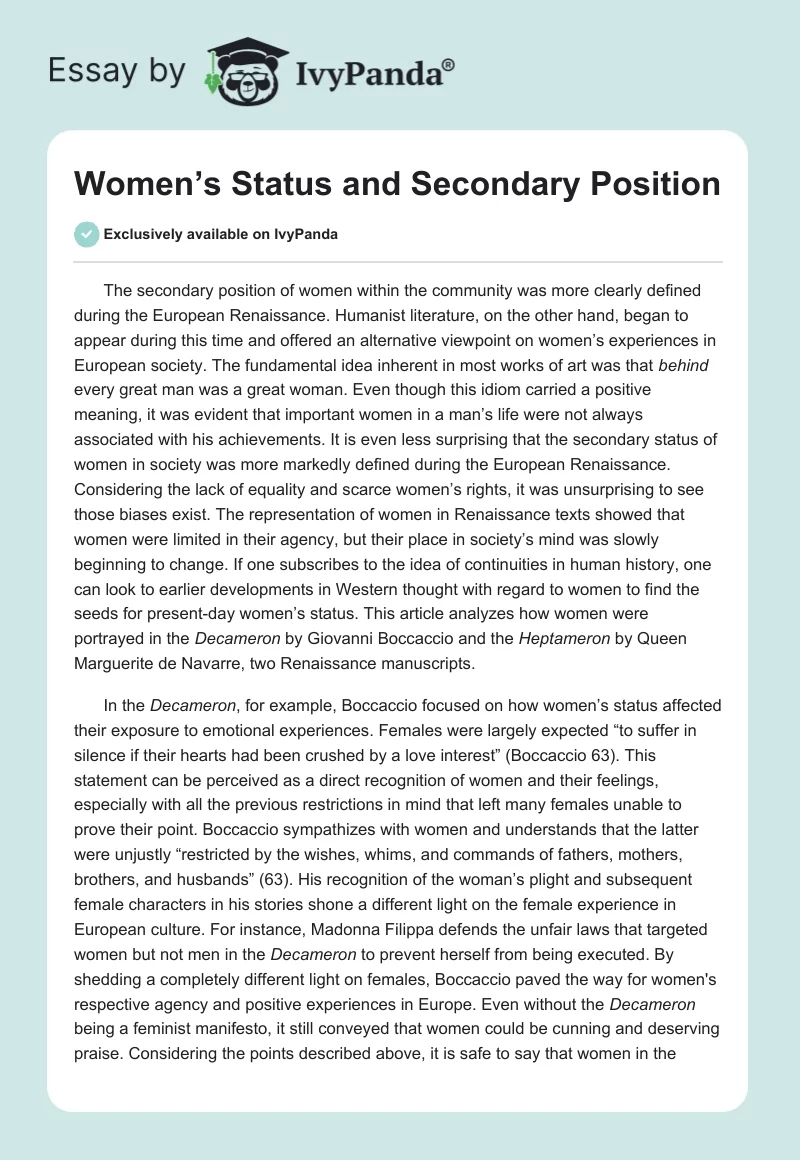 Women’s Status and Secondary Position. Page 1
