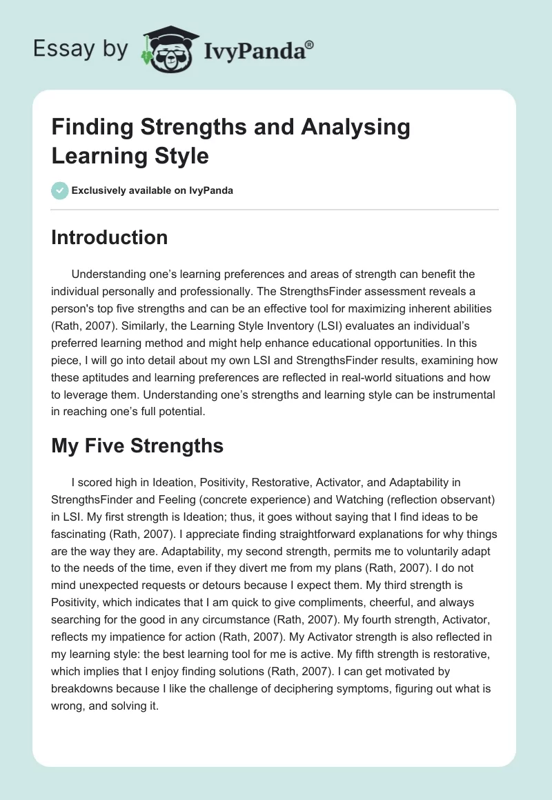 Finding Strengths and Analysing Learning Style. Page 1