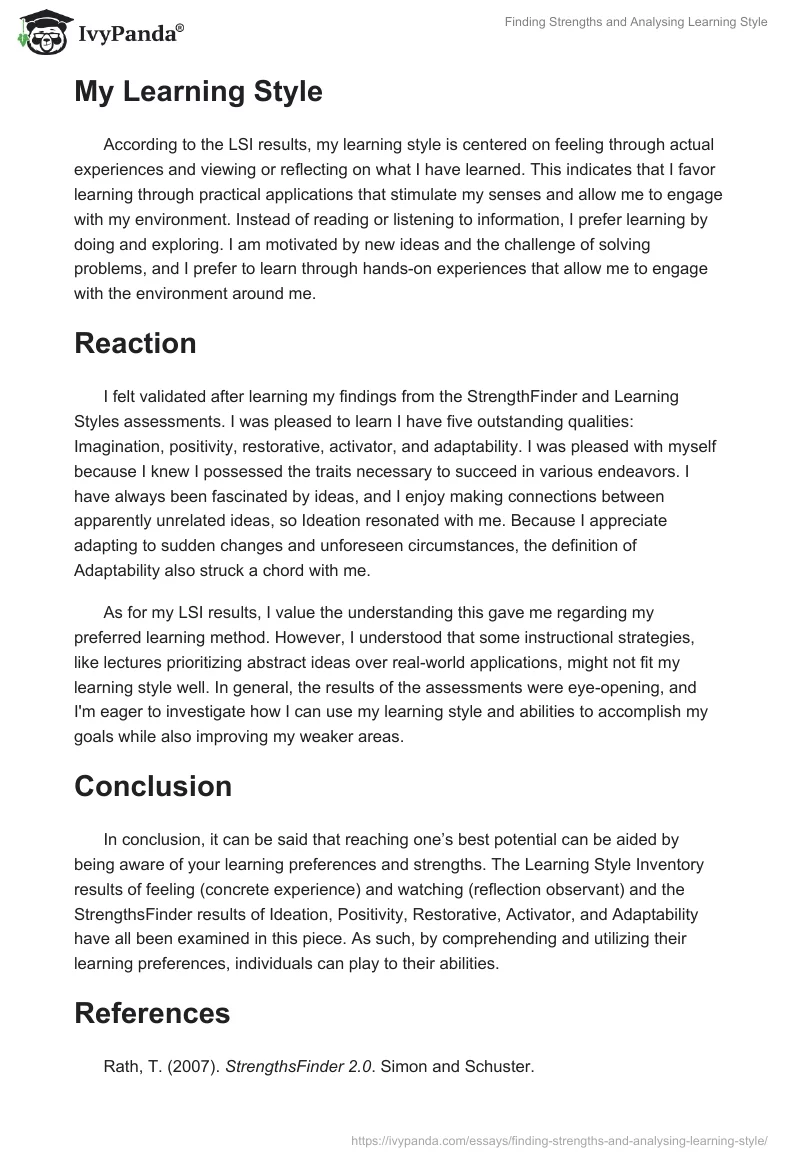 Finding Strengths and Analysing Learning Style. Page 2