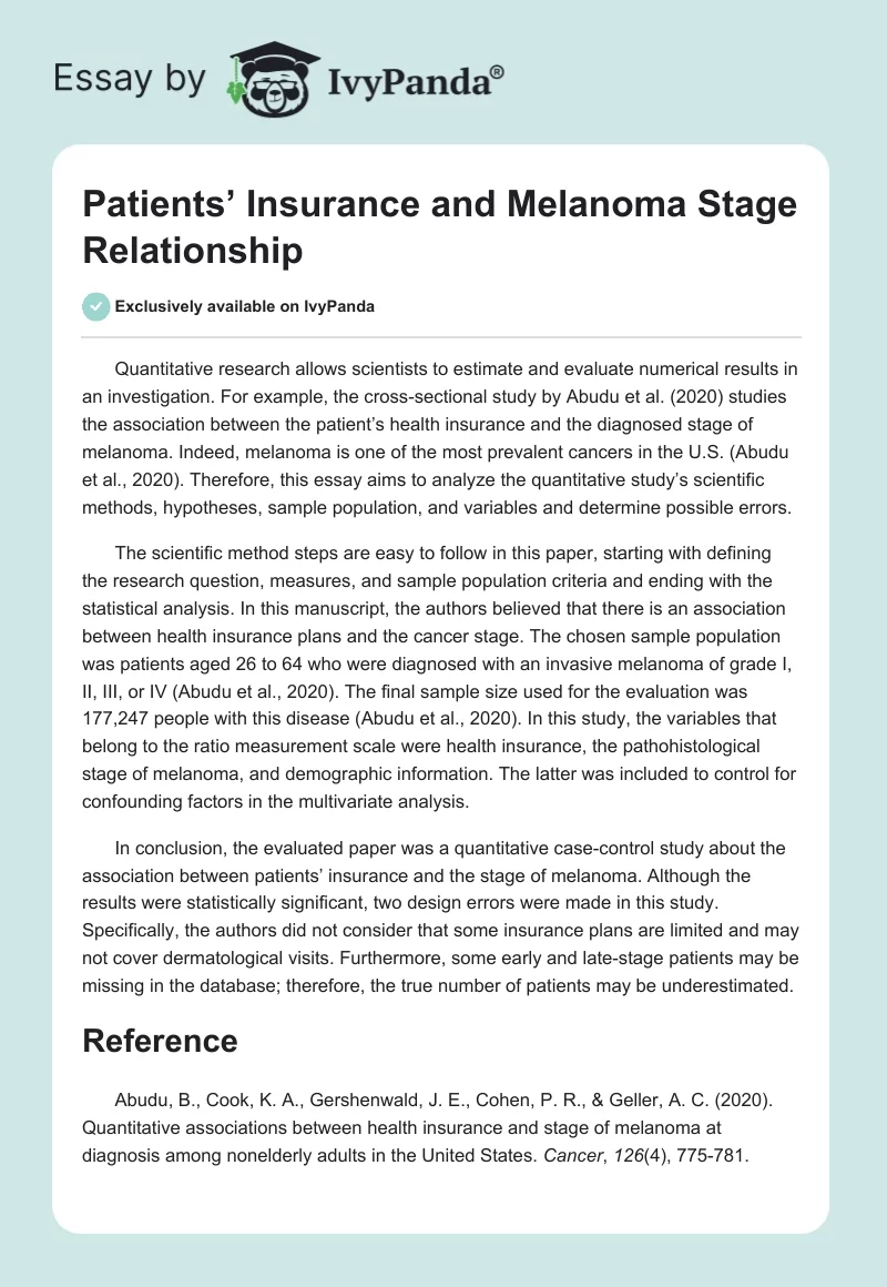 Patients’ Insurance and Melanoma Stage Relationship. Page 1