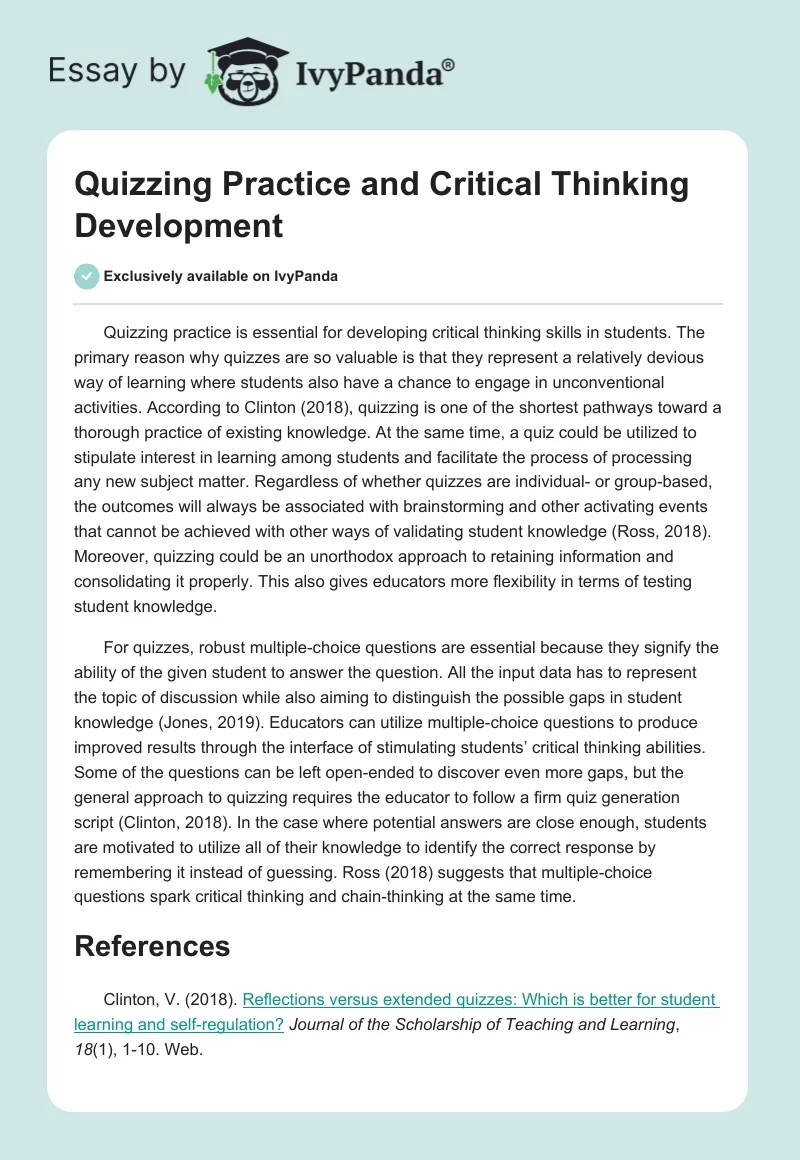 Quizzing Practice and Critical Thinking Development. Page 1