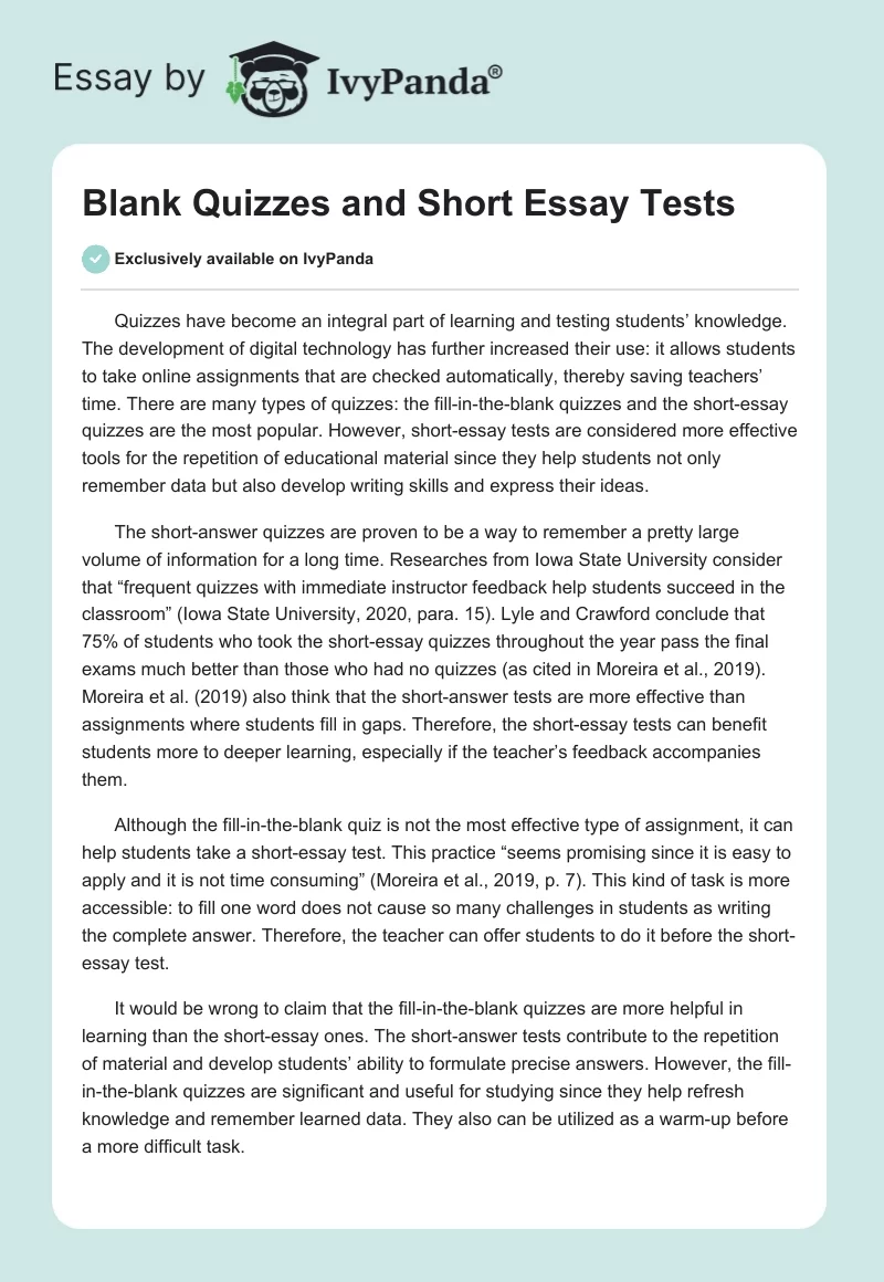 Blank Quizzes and Short Essay Tests. Page 1