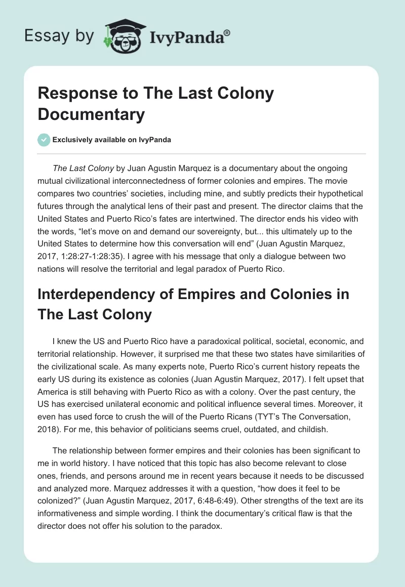 Response to "The Last Colony" Documentary. Page 1