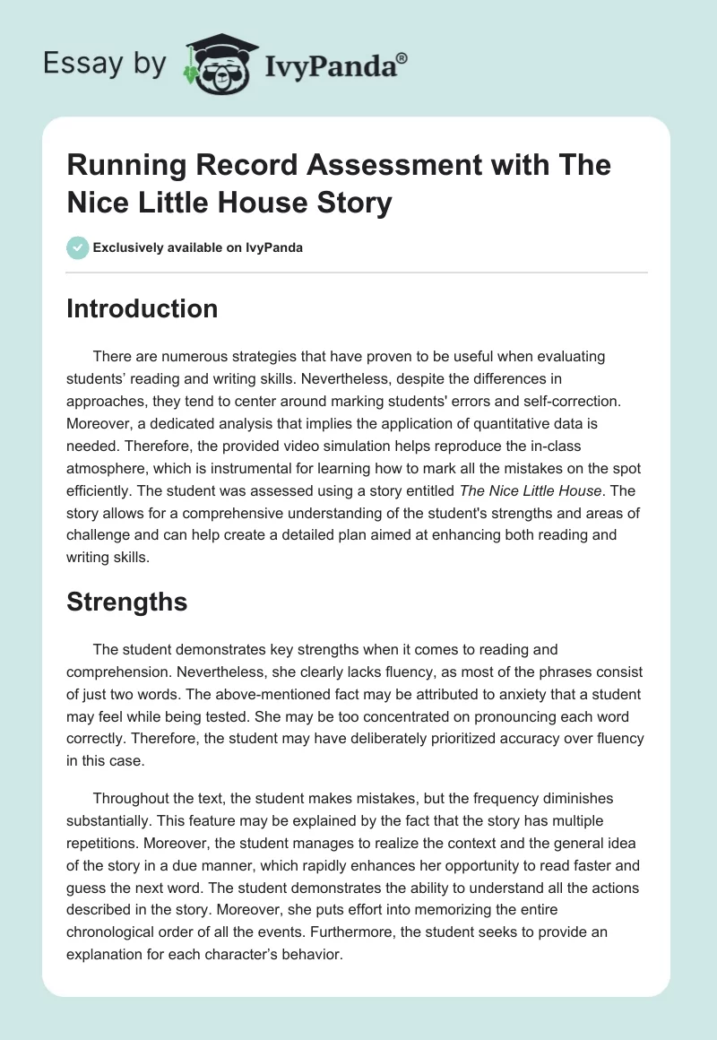 Running Record Assessment with The Nice Little House Story. Page 1