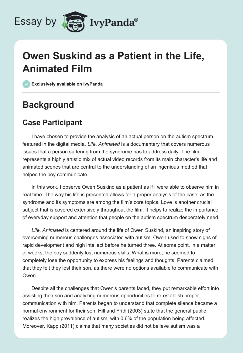 Owen Suskind as a Patient in the Life, Animated Film. Page 1