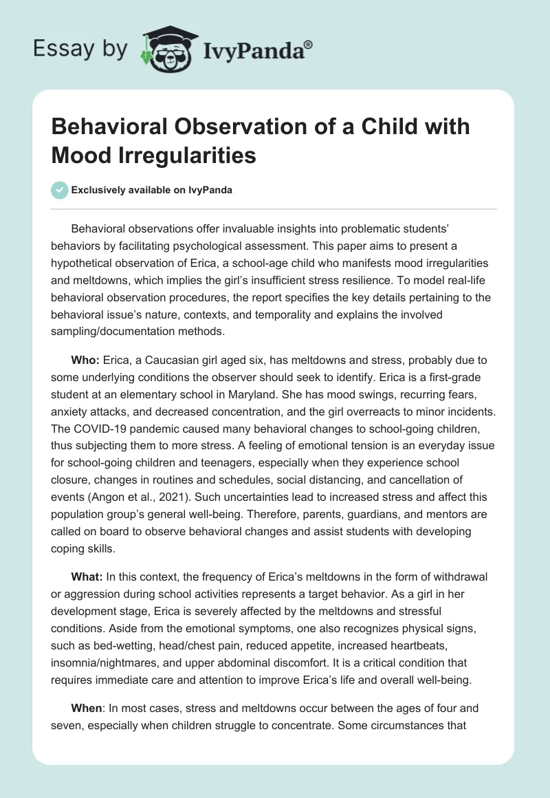 Behavioral Observation of a Child with Mood Irregularities. Page 1