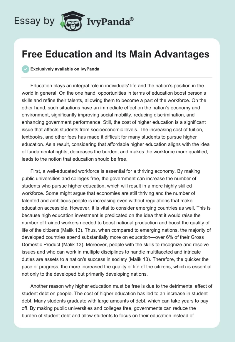 Free Education and Its Main Advantages. Page 1