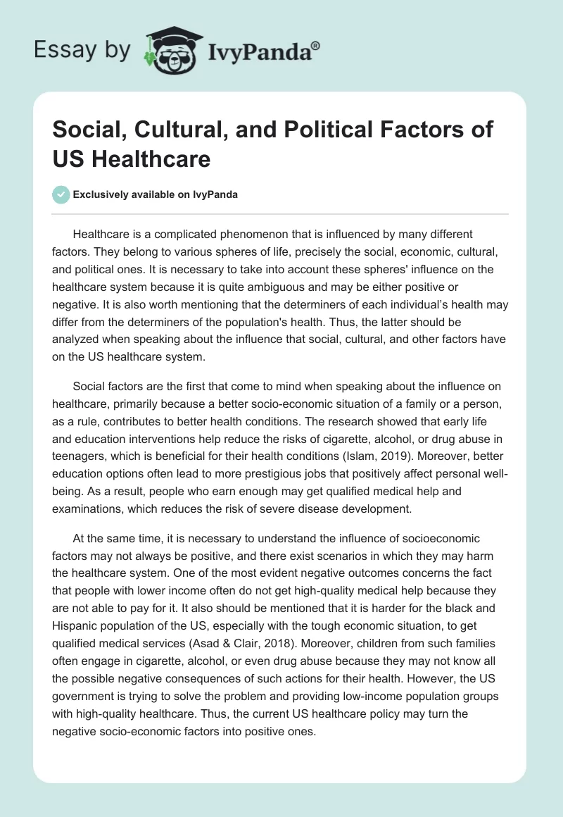 Social, Cultural, and Political Factors of US Healthcare. Page 1