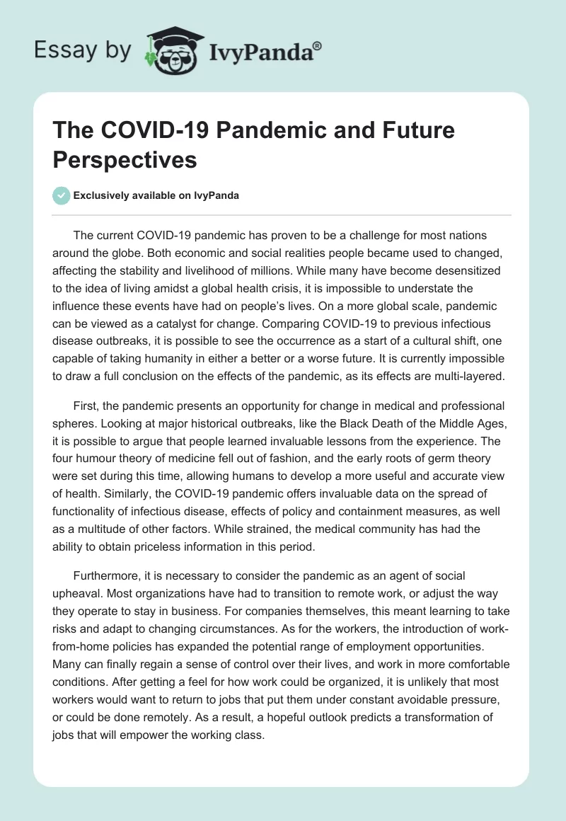 The COVID-19 Pandemic and Future Perspectives. Page 1