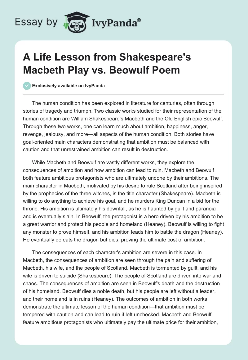 A Life Lesson from Shakespeare's Macbeth Play vs. Beowulf Poem. Page 1