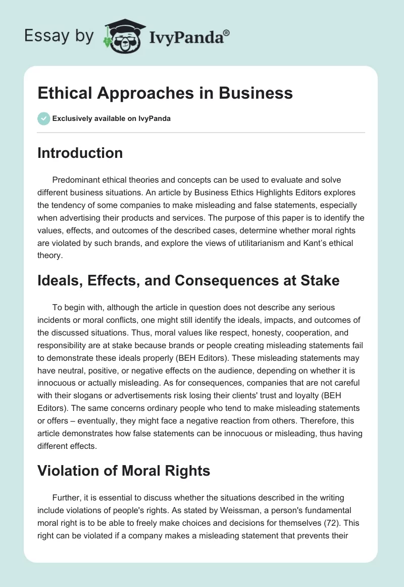 Ethical Approaches in Business. Page 1
