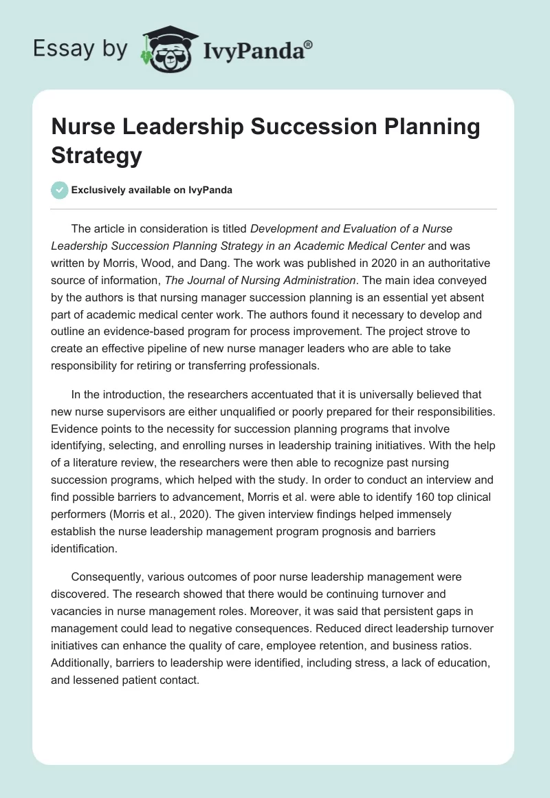 Nurse Leadership Succession Planning Strategy. Page 1
