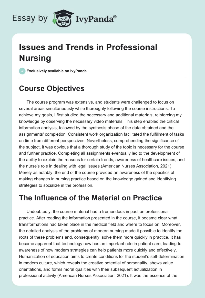 Issues and Trends in Professional Nursing. Page 1
