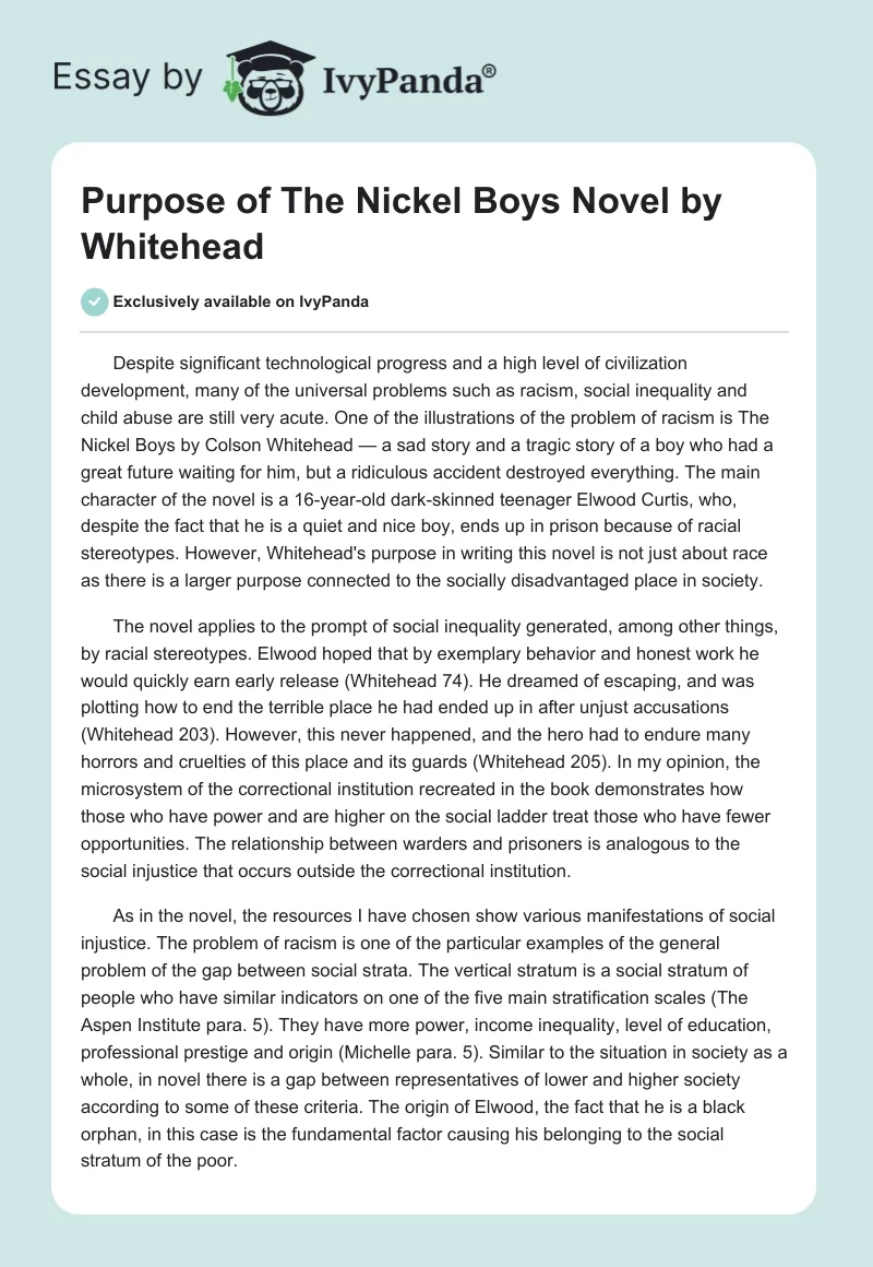 Purpose of "The Nickel Boys" Novel by Whitehead. Page 1